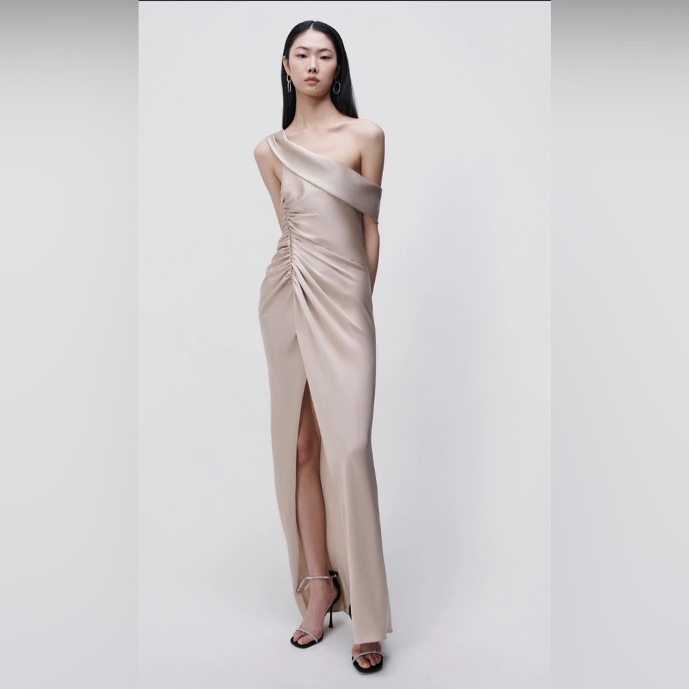 Jonathan Simkhai One-Shoulder Ruched Satin Gown in Taupe - Picture 5 of 7